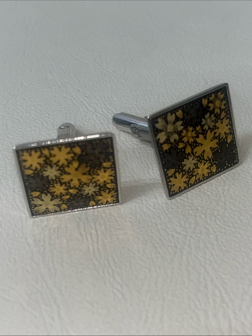 Amita 925 Sterling Silver Square Cufflinks w/ Yellow Floral Pattern